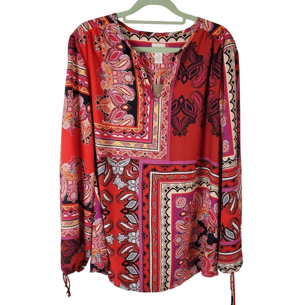 Chico’s Patched Paisley Peasant Top Red Tie Sleeve Boho Renaissance Size 2 NWT - Picture 2 of 8
